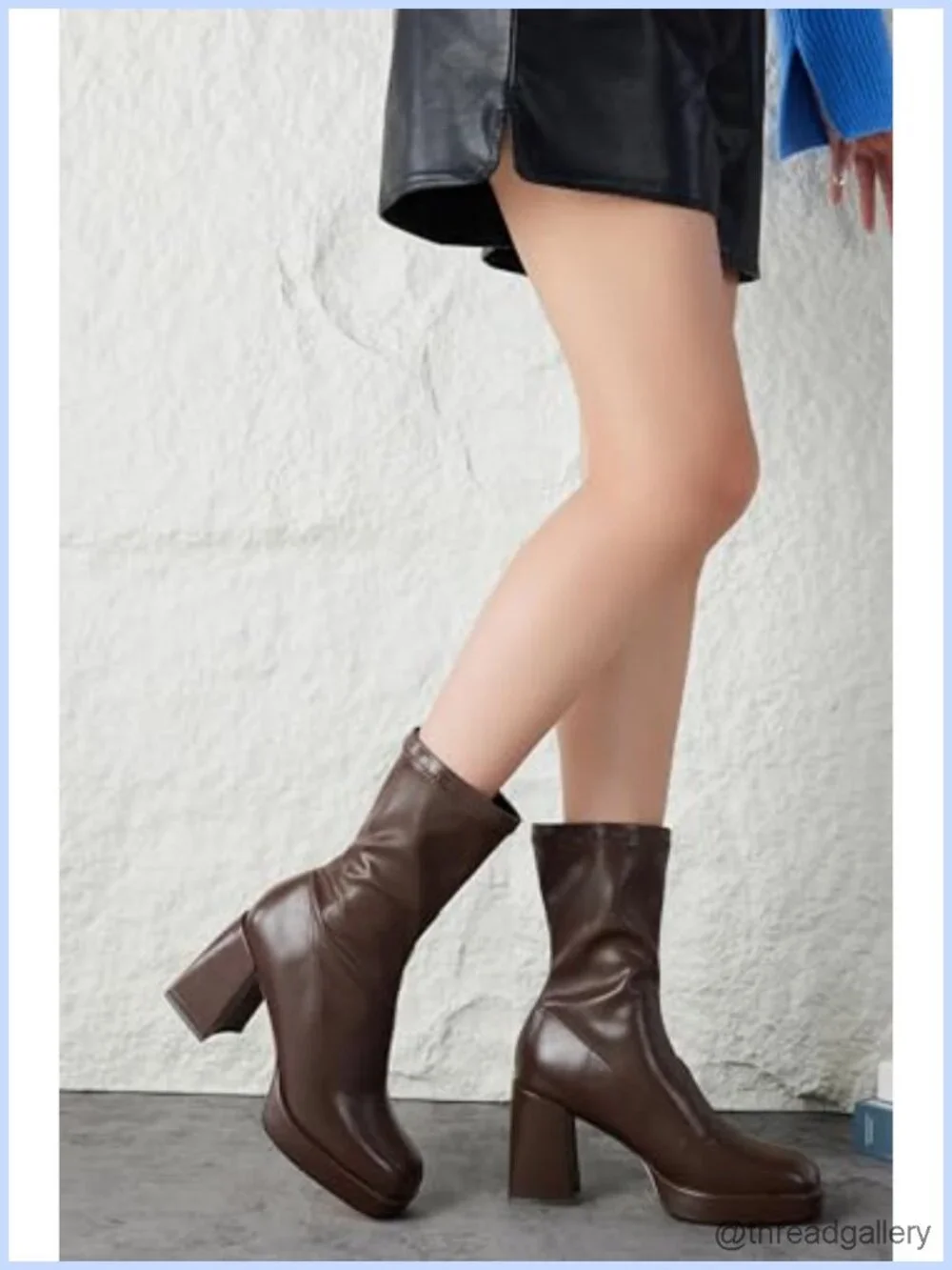 Platform Chunky Heel Boots Square Toe Pull-On Mid-Calf Faux Leather